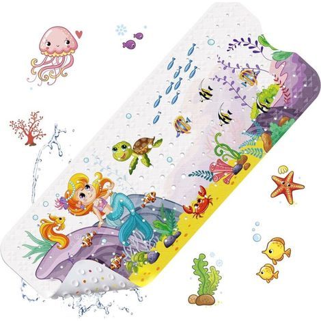 pair (Sirène) Tapis de bain antidérapant pour bébé, tapis de bain antidérapant 100 x 40 cm, tapis de douche robuste avec 200 ventouses pour enfants et bébés, matériau PVC sans BPA, lavable en machine