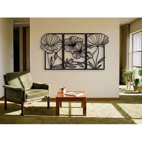 GRANDE DECORAZIONE DA PARETE "TRIPTICO DI FIORI 3D" + QUADRO AGGIUNTIVO DI FIORI 3D 120 X 60 CM (1/5)