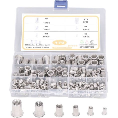 170 Pieces Stainless steel Rivet Nut Tool Flat Head Threaded Rivet Nutsert Cap Matching kit M3 M4 M5 M6 M8 M10 Types Nuts (1/5)