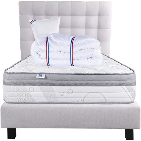 Ensemble Matelas ViscoPlus, 26 cm, mousses haute densité, ferme, face été/hiver+sommier gris ep20cm+oreiller+couette+Tête de Lit, 90x190cm (1/5)