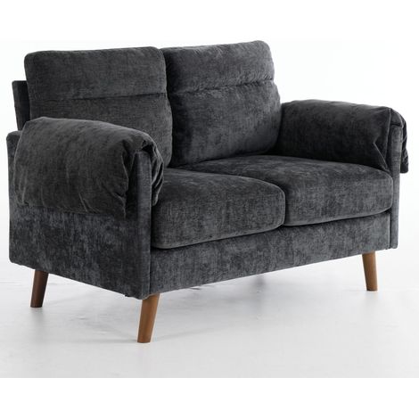Canapé compact 2 places en chenille noire avec coussins épais et pieds en bois imitation, style milieu du siècle (1/5)