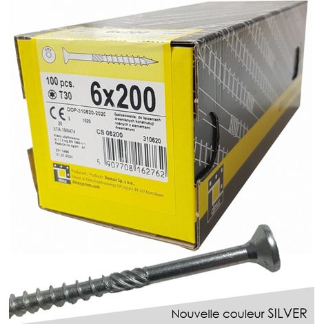 Vis autoperceuse à tête fraisée 6 x 200 – Empreinte Torx – Finition zinc silver – Pour assemblages bois-bois et bois-métal – Domax