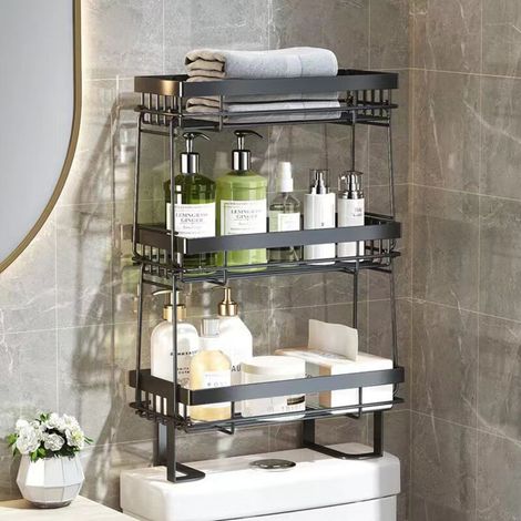 Étagère de rangement amovible noire à un seul niveau pour toilettes, sans perçage, multifonctionnelle et amovible, pour papier toilette et autres articles de toilette. (1/5)