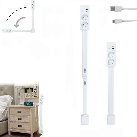 Prise murale extensible et rotative avec USB-A, USB-C et 2 prises - Idéal pour les coins étroits tels que les tables de chevet, les canapés et les bureaux. (1/5)