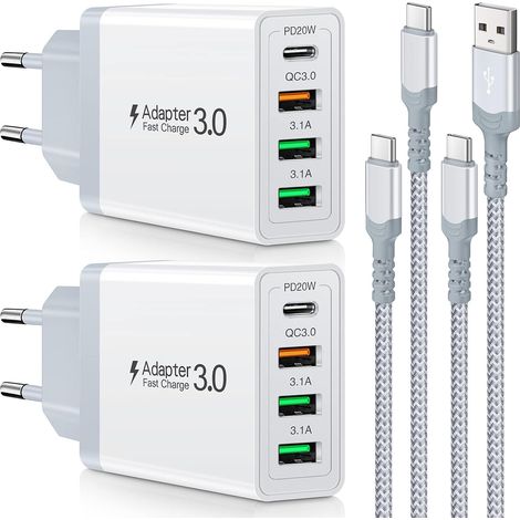 Chargeur USB-C 35W 4 Ports, Charge Rapide PD/QC 3.0 avec 2 Câbles Chargeur USB + 6,6 Pieds Câbles Compatible 6/Tablettes, Bloc Mural Compact -Blanc (1/5)