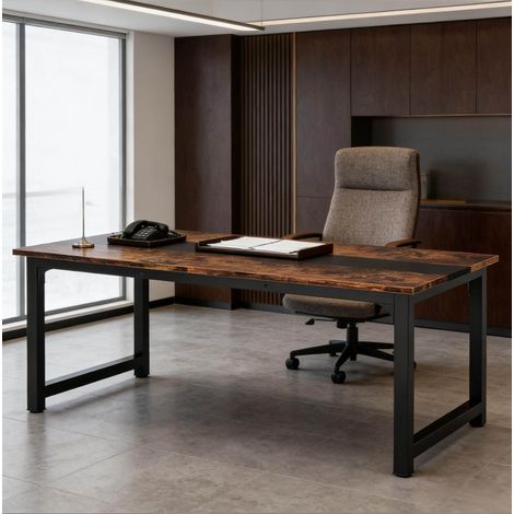 Scrivania polivalente con ampio piano, in legno e metallo, nera e marrone rustico, 160x80x74 cm (1/5)