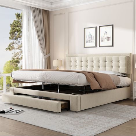Cama canapé 160 x 200 cm de terciopelo beige, cabecero регулируable, 2 cajones HAVRYA (1/5)