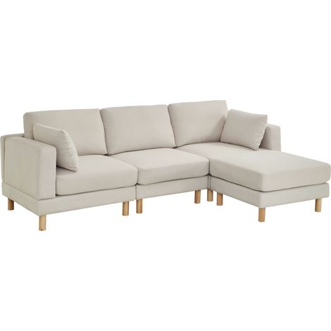 Divano angolare 3 posti con pouf 235 x 152 x 78 cm beige in poliestere con piedi in legno (1/5)