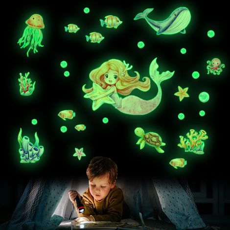 Sticker Murale Sirène - 20 x 29 cm par feuille - Phosphorescent - Décoration Chambre Enfant - Lot de 2 (1/5)