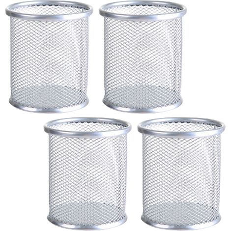 Porte-stylo en maille, porte-stylo en métal, pour bureau, organiseur de stylos, lot de 4 (rond, argenté)