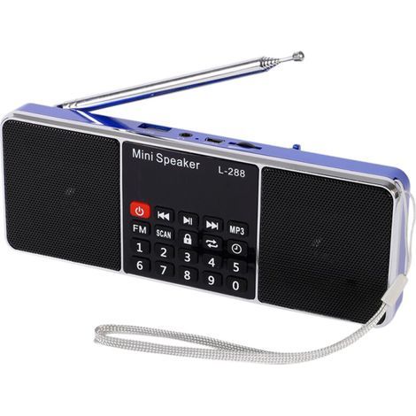 Convient aux mini radios FM portables rechargeables, avec haut-parleur et écran LCD (bleu). (1/4)