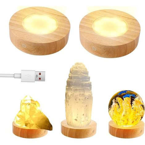 Wooden Light Base with LED, Round Wooden Base for 3D Crystal Glass Aromatic Stone with Art, 3 Light Modes Warm Neutral White, Touch Button(12cm, Cable (1/4)