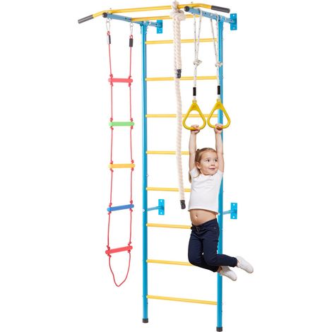 Aire de jeux d'intérieur 5-en-1 pour enfants, avec échelle suédoise en acier, barre de traction, échelle de corde et anneaux de gymnastique. Supporte 100 kg. (1/5)