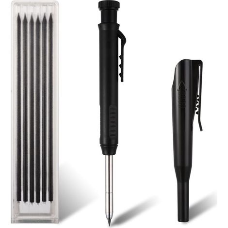 Konstruktionsbleistift, Druckbleistift für Zimmerleute mit 6 Minen, Bleistift für Metall, Beton, Fliesen und Tischlerei mit integriertem Anspitzer, langlebiger Marker (Schwarz) (1/5)