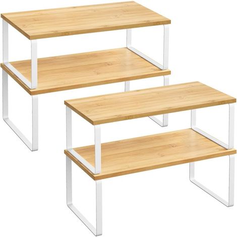 étagère de Cuisine, Lot de 4, Organisateur, Porte-épices, Rangement de Placard, Empilable, Extensible, en Métal, Bois d’Ingénierie, Blanc Nuage et Beige Naturel KCS210W01 (1/5)
