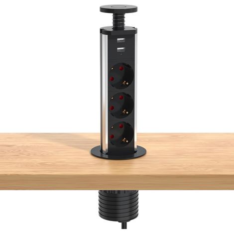 Multiprise de table escamotable 3 prises avec 2 ports USB, multiprise USB avec sécurité enfant et câble de 1.8 m, entièrement dans le plateau de table, atelier, Ø 60 mm Noir (1/5)