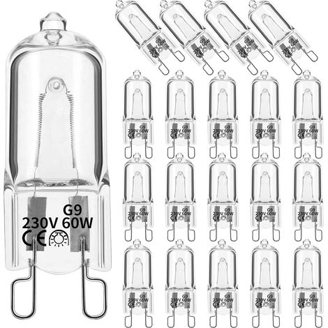 Lot de 20 ampoules halogènes G9, ampoules halogènes à capsule transparente 60 W à intensité variable, sans stroboscope ni scintillement Blanc chaud 2800 K Ampoules halogènes pour lustres, suspensions, (1/5)