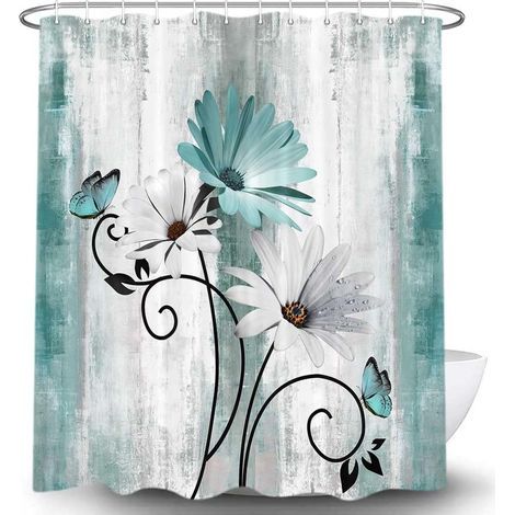 Grüner Duschvorhang im Landhausstil mit Gänseblümchen- und Schmetterlingsmotiven, blau (1/5)