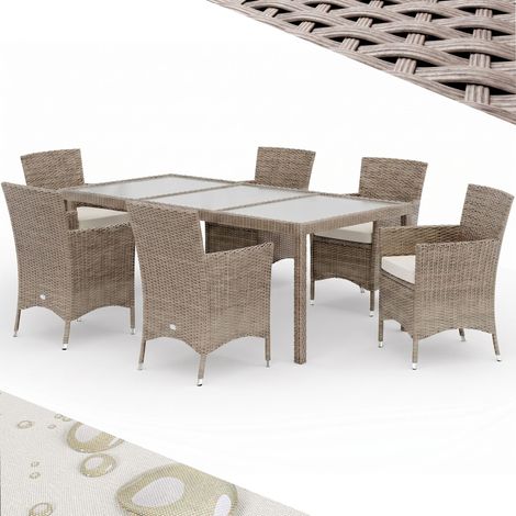 CASARIA® Polyrattan Gartenmöbel Set 7 teilig Stühle stapelbar inkl. 7cm Auflagen 190x90cm Gartentisch Terrasse Balkon Möbel Sitzgruppe Essgruppe Creme (1/5)