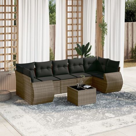 Salon de Jardin 8 Places Gris, Tressé Résine Modulable, 7 Coussins, Table Verre Trempé 55x55cm, Sans Marque (1/5)