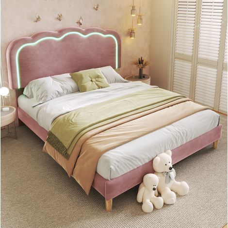 Cama tapizada 140/200 cm rosa de terciopelo con cabecero LED regulable (1/5)