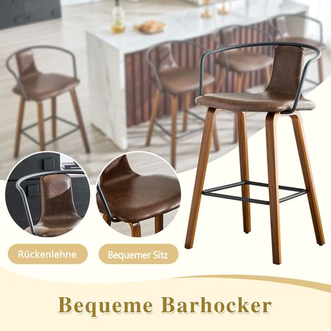 Lot de 2 tabourets de bar avec accoudoirs, tissu teddy / simili cuir, pieds en bois, repose-pieds métal, style scandinave moderne (1/5)