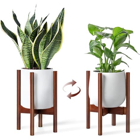 Support de plantes réglable en bois du milieu du siècle - Cache pot sur pied moderne pour pot de fleurs - Tabouret plante et piédestal pour plantes pour intérieur et extérieur (1/5)