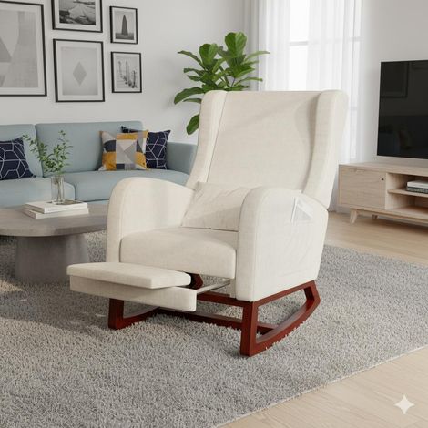 Fauteuil à Bascule - Fauteuil Relaxant avec Repose-Pieds Rétractable - Dossier Haut Ergonomique et Poches - Tissu Coton-Lin - Beige (1/5)