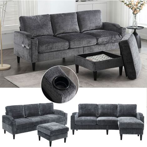 Canapé 4 places modulaire - SOGEU - Capitonné ottoman - Rangement caché - Chenille velours - Porte-gobelets (1/5)