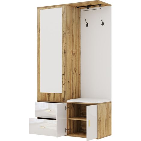 Flurmöbel mit Spiegel, Schuhschrank und Bank, Weiß in Holzoptik, 100 x 38 x 180 cm (1/5)