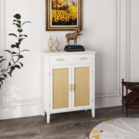 Meuble à chaussures rangement avec 2 portes effet cannage tiroir 80 x 35 x 110 cm blanc