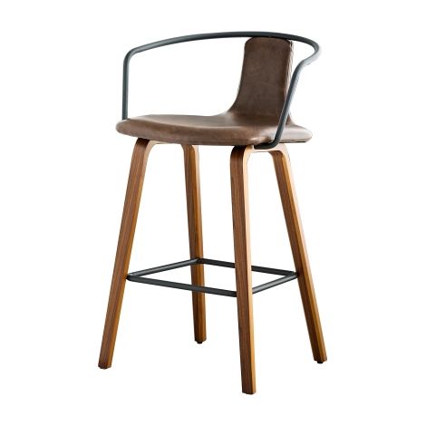 Lot de 2 tabourets de bar avec accoudoirs, tissu teddy/PU cuir, pieds en bois, repose-pieds métal, moderne scandinave (1/5)