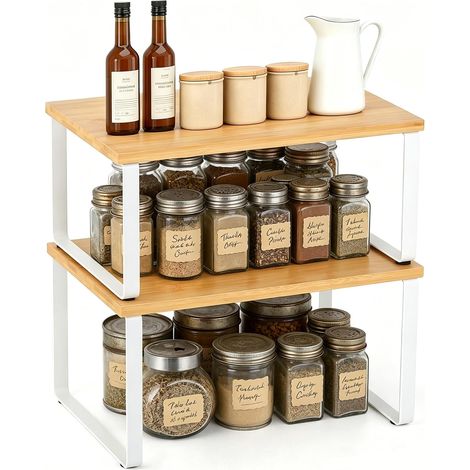Lot de 2 Étagères à Épices Empilable et Extensible, Étagères de Cuisine en Métal et Bambou, Étagères de Stockage pour Cuisine et Buanderie - Blanc (1/5)
