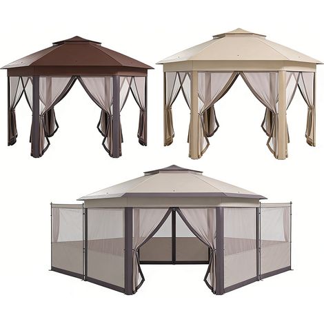 3er-Set gartenpavillon Faltpavillon 4x4m Pop-Up-Zelt Partyzelt mit Tragetasche und 6 Seitenteilen, Doppeldach sechseckig in Kaffee und Beige