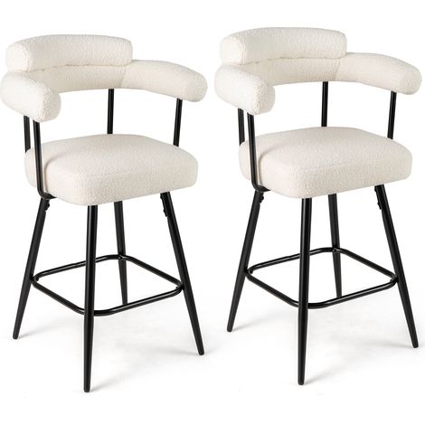 Lot de 2 tabourets de bar blancs à hauteur comptoir avec dossier courbé, accoudoirs et rotation à 360 pour cuisine, bar et magasin (1/5)