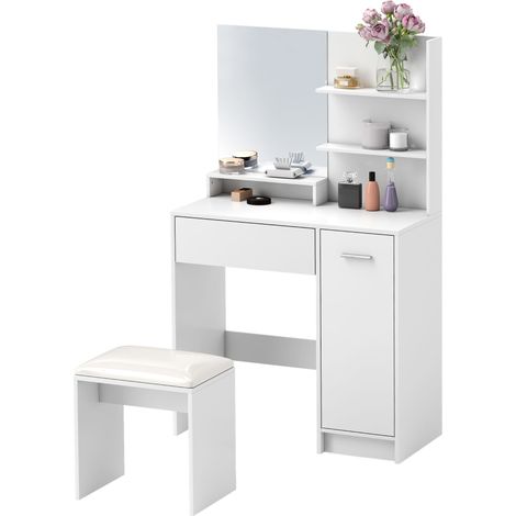 Ensemble coiffeur miroir tabouret tiroir armoire étagère réglable blanc 80x40x132 cm