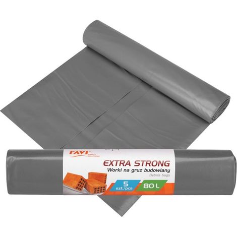 Sacchi per macerie da costruzione in LDPE extra resistenti, 80 litri, 5 pezzi, grigi, spessi e robusti.