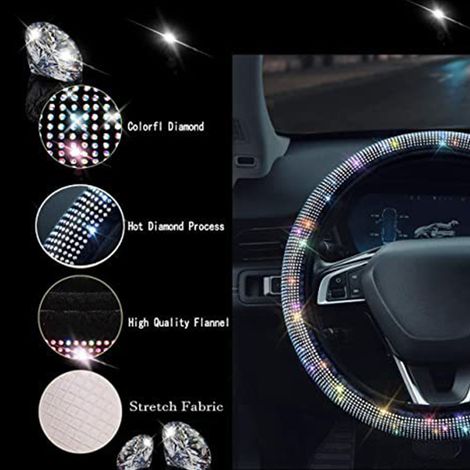 Housse de volant auto 38 cm diamètre en simili cuir plush blanc diamant strass anti-dérapante déco brillante pour la plupart des voitures (1/2)