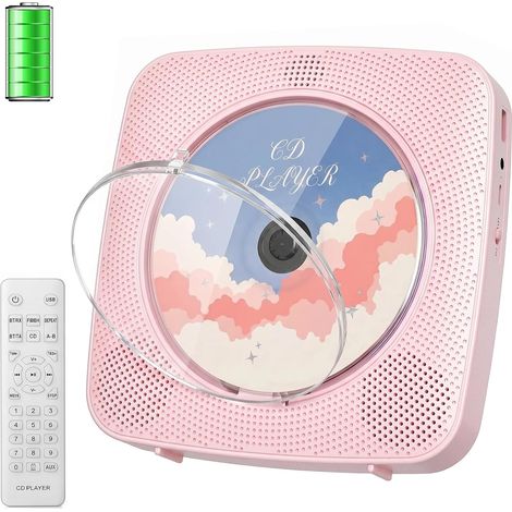 Portable Bluetooth CD Player 1800mAh Desktop CD Player for Home CD Players with Two Speakers Remote Control Dustproof Cover FM Radio Display Timer USB AUX Pink (1/5)