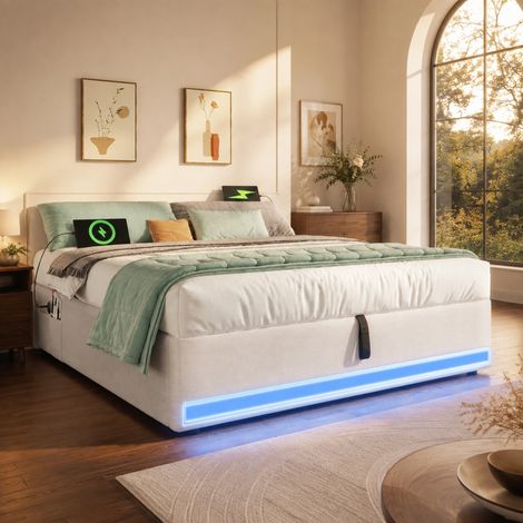 Cama tapizada 140x200 cm con almacenamiento hidráulico, LED multicolor, USB y USB-C, sin cabecero, con bolsillos laterales, beige para dormitorio - CHICFURN (1/5)