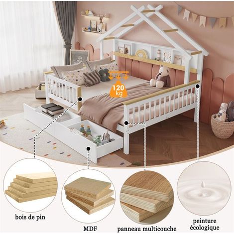 Lit cabine - Lit d'enfant 140 x 200 cm - Blanc et bois naturel - Avec tiroirs de rangement - Sommier à lattes (1/5)