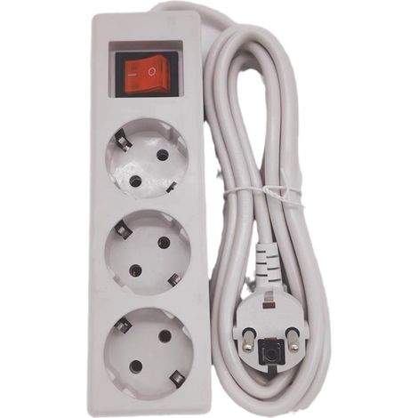 Multiprise Électrique 3 Prises 1 Interrupteur 2 m Blanc Prise Terre Protection Surtension Pour Bureau Maison Intérieur