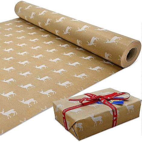 Rouleau de papier cadeau AURA Kraft White Elk, 100% recyclable, écologique, idéal pour les anniversaires, les fêtes et les décorations de Noël (15 m x 43 cm) (1/5)
