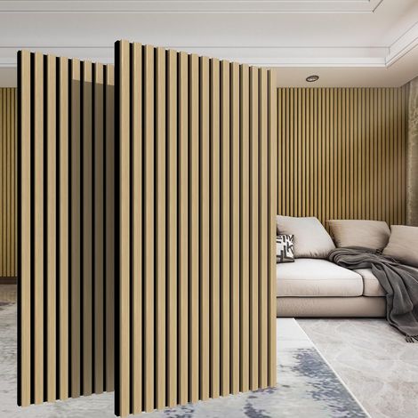 Lot de 2 Panneau Acoustique en Placage de Bois, 120x60x2.1 cm, Dalle Murale Autocollante, Absorption de L'écho, Mousse Décoratif en 3D, Panneaux Insonorisants pour le Salon, le Bureau, Chêne (1/5)