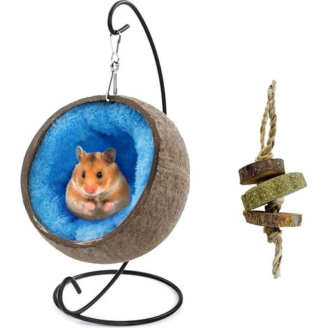 Hamac cachette avec jouet à mâcher suspendu, maison pour hamster en fibre de coco avec coussin chauffant, accessoires de décoration pour habitat de petits animaux (cochons d'Inde), boucle de suspensio (1/5)