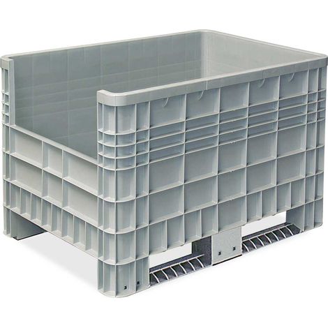 BRB Palettenbox mit Aussenrippen und 2 Kufen, Zuschnitt an einer Stirnseite, Außenmaße LxBxH 1170x800x800 mm, grau (1/2)