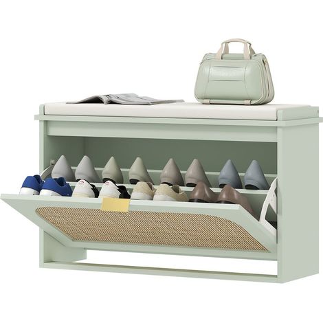 Banc de rangement avec assise rembourrée, tiroir basculant et porte en rotin, 80 x 26 x 47,5 cm, vert (1/5)