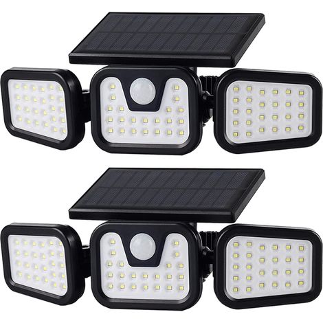 Lot de 2 lampes solaires d'extérieur à 74 LED, lampe de sécurité rotative pliable, 3 têtes avec détecteur de mouvement, applique murale étanche IP65 (1/5)