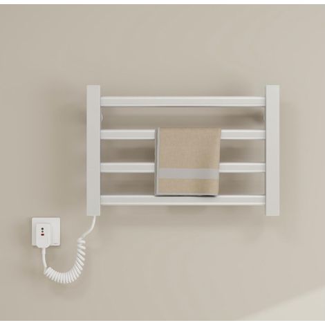 80 W Sèche-serviettes chauffant, radiateur électrique mural à 4 barres, 80 W, température constante de 55 °C pour un séchage sûr dans la salle de bain, blanc Ligne gauche