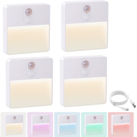 Lot de 4 veilleuses LED avec détecteur de mouvement, éclairage d'escalier rechargeable par USB, lampe de nuit RVB pour couloir, escaliers (1/5)